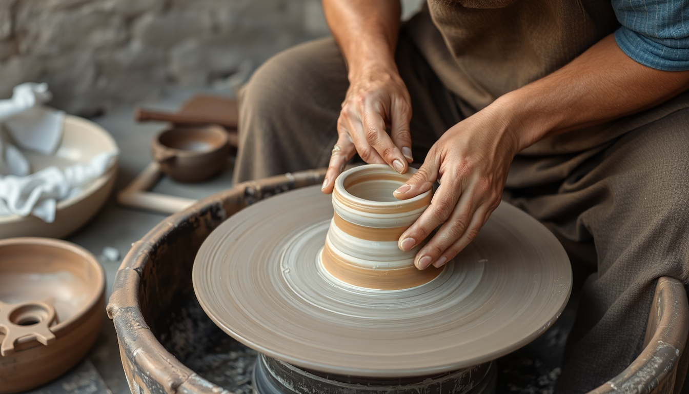A skilled artisan shaping pottery on a wheel