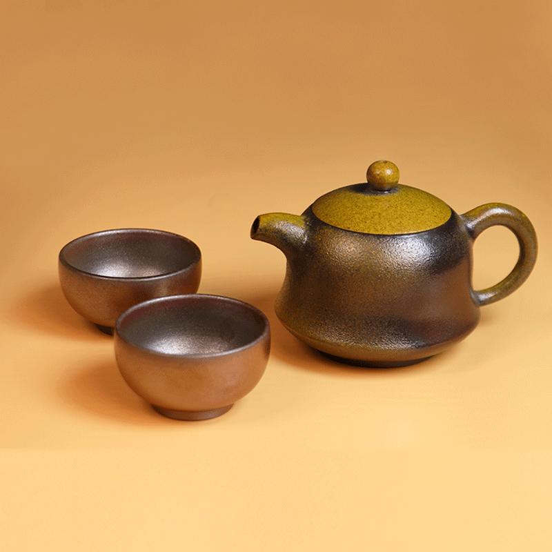 Artisan Rongchang Chinese pottery teapot with two matching handmade ceramic tea cups
