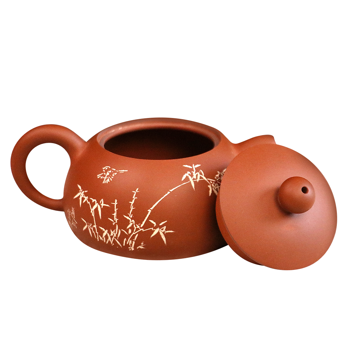 Handcerami handcrafted ceramic teapot with bamboo and bird design and removable lid in reddish brown