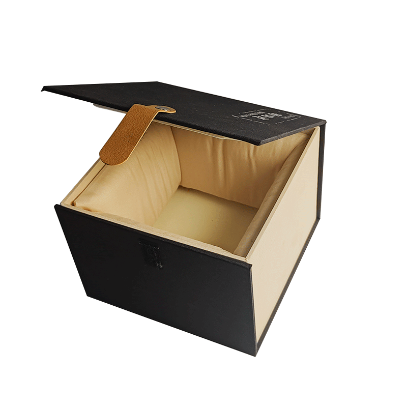 Black and beige luxury box packaging for handcrafted ceramic teapot with leather closure
