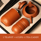 Handmade Rongchang ceramic teapot set with four cups and a tea caddy in a protective case