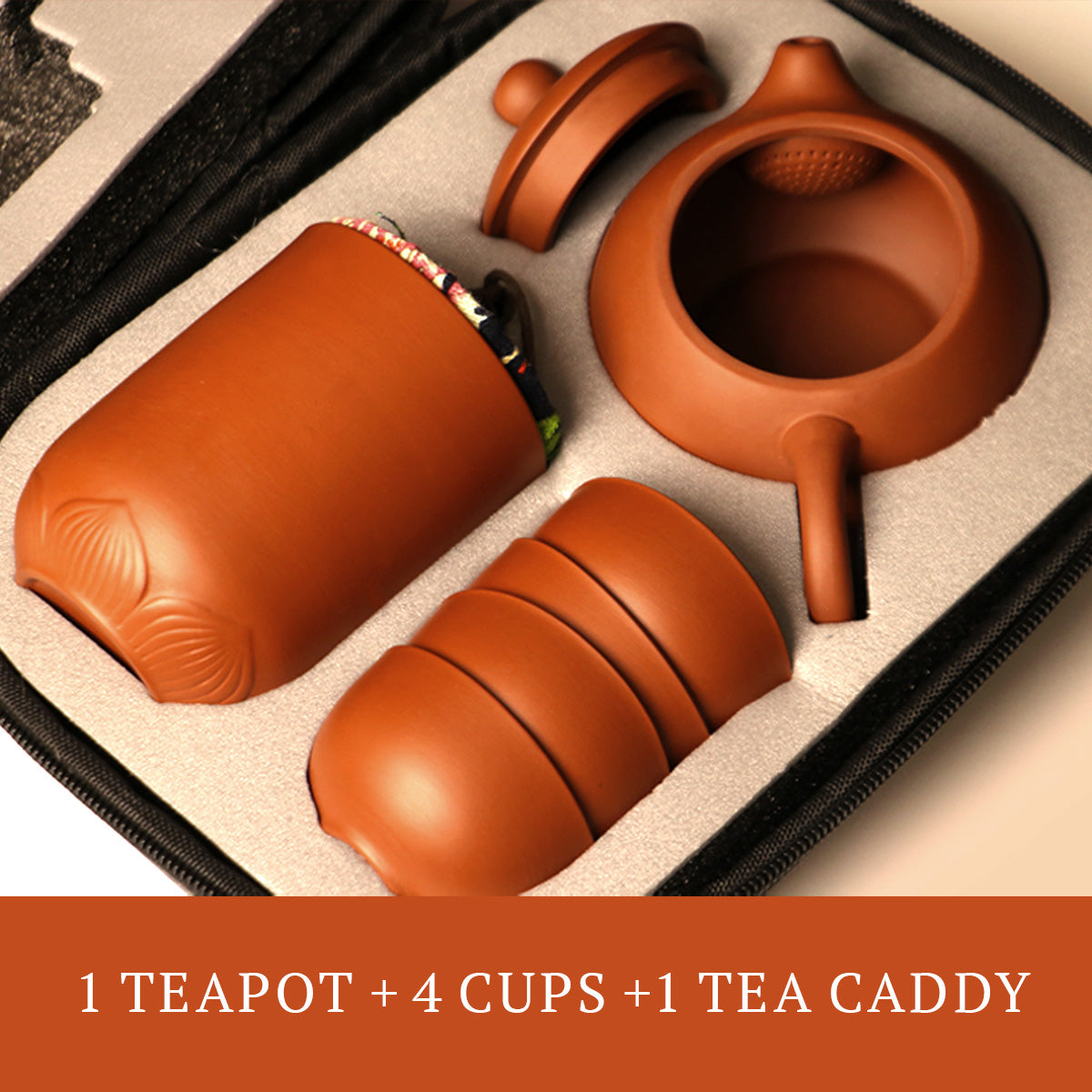 Handmade Rongchang ceramic teapot set with four cups and a tea caddy in a protective case